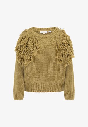 Pulover tricotat în galben muștar. Dispune de detalii cu ciucuri pe umeri, gât rotund și manșete și tiv cu un model țesut. Confortabil, cu un croi lejer.