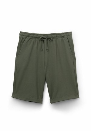Olivgrüne Baumwollshorts mit elastischem Bund, Kordelzugverschluss, seitlichen Taschen und umgeschlagenen Säumen. Weicher Stoff, lässiges Design.