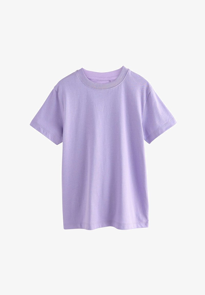 Kortærmet t-shirt i lys lavendelfarvet stof. Har runde halsudskæring og standard pasform. Glat tekstur med syninger.