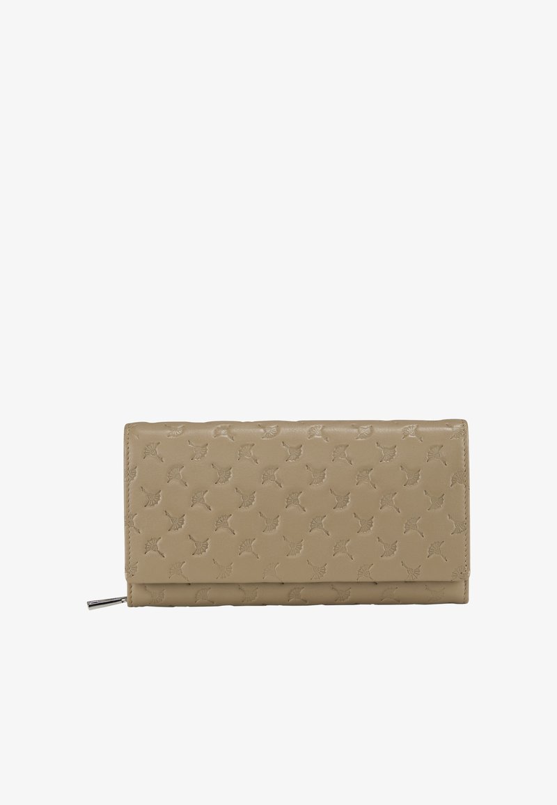 Beige plånbok gjord av texturerat läder med ett subtilt embosserat mönster. Rektangulär form med dragkedjestängning och silverfärgad hårdvara.