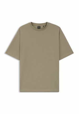 Olijfgroen katoenen t-shirt met een ronde halslijn en korte mouwen. Heeft een ontspannen pasvorm en minimale stikdetails.