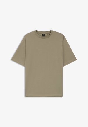 Olijfgroen katoenen t-shirt met een ronde halslijn en korte mouwen. Heeft een ontspannen pasvorm en minimale stikdetails.