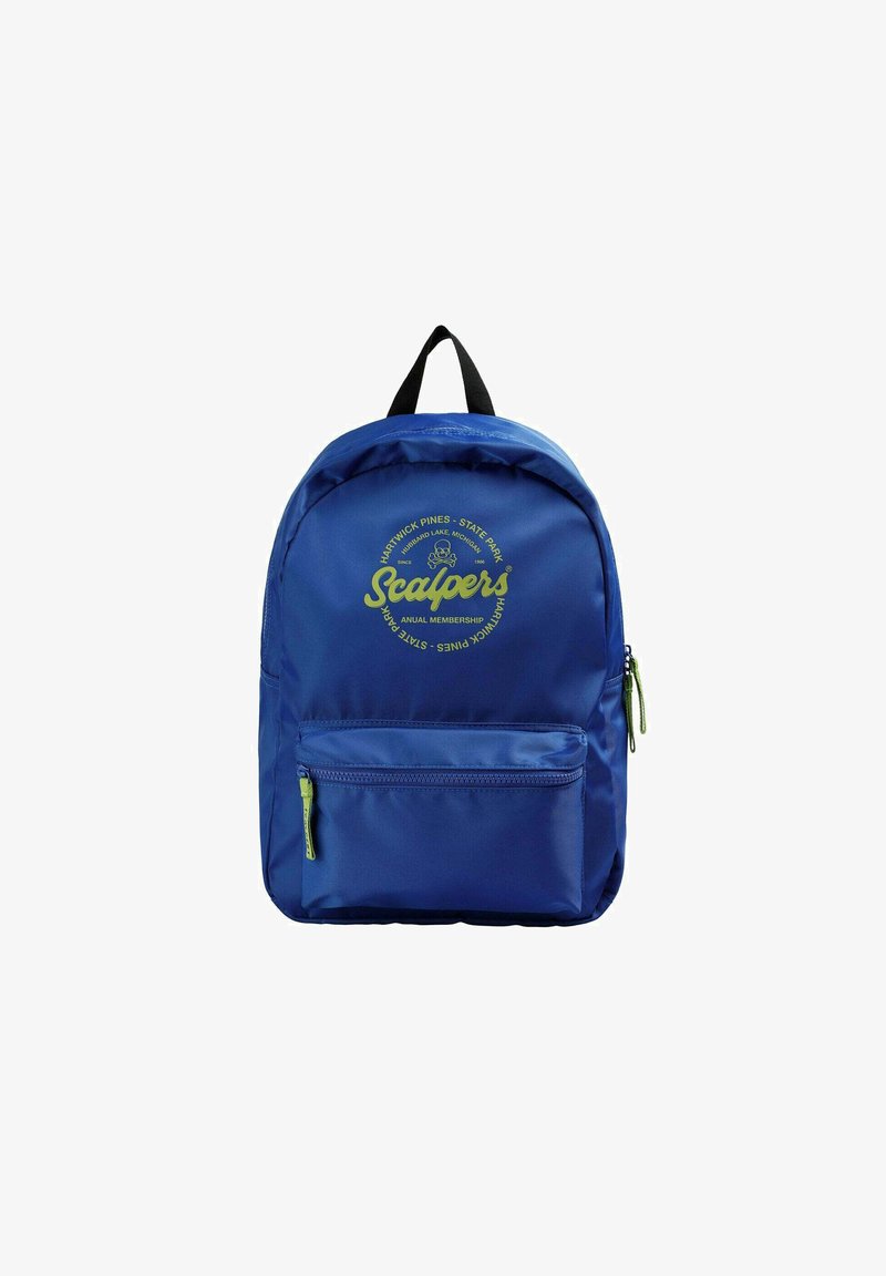 Blue nylon backpack with a rounded shape. Features a front zip pocket and contrasting green zipper. Logo text printed on the front.