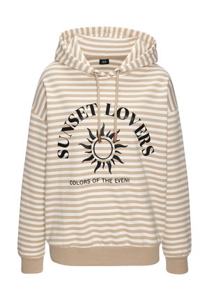 Beiger Kapuzenpullover mit Streifen, Kordelzug, grafischem Sonnenmotiv und dem Schriftzug "SUNSET LOVERS" mit weicher, strukturierter Oberfläche.