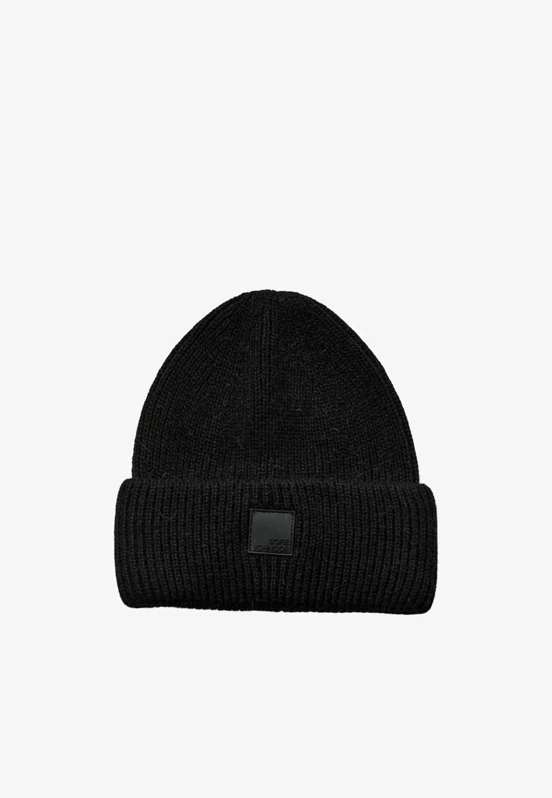 Bonnet noir en tricot avec revers et petite étiquette carrée à l'avant.