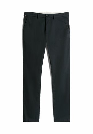 Schwarze Chinos mit klassischem Design, aus einem glatten Stoff gefertigt, mit Knopfverschluss und Vordertaschen, im geraden Bein Schnitt.