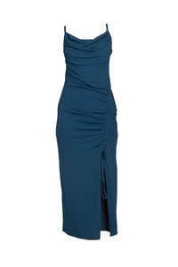 Robe midi bleue côtelée avec bretelles spaghetti ajustables, décolleté drapé, fronces sur les côtés et une fente avant pour plus de confort.