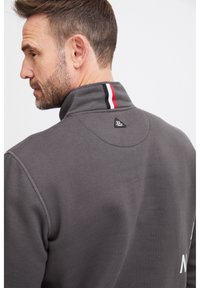 Felpa in pile grigia con colletto alto, caratterizzata da un accento a righe rosse e bianche sul retro e un patch logo vicino al collo.