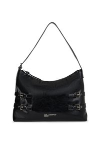 Μαύρη δερμάτινη τσάντα ώμου με δύο διακοσμητικές πλευρικές αγκράφες, κλείσιμο με φερμουάρ και λογότυπο "Karl Lagerfeld Jeans" μπροστά.