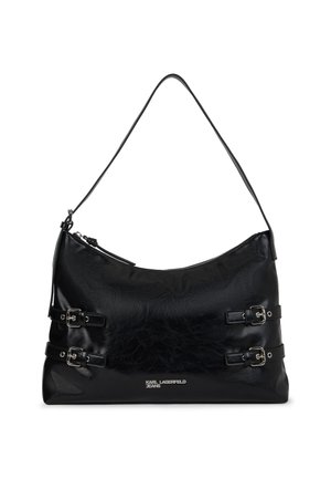 Must mustri õlakott, millel on kaks dekoratiivset külgbucklit, lukuga sulgemine ja esiküljel "Karl Lagerfeld Jeans" logo.