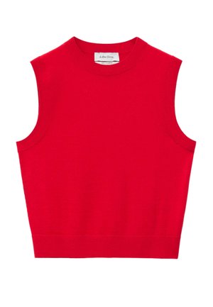 Haut rouge sans manches en maille avec un col rond, un ourlet côtelé et une étiquette à l'arrière du col.