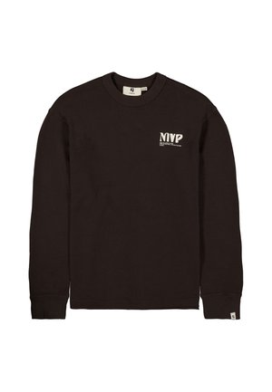 Sweat-shirt noir à manches longues et col ras-du-cou avec logo blanc "MVP" sur la poitrine gauche, présenté à plat sur fond blanc uni.