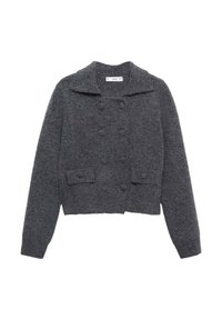 Cardigan grigio a maglia con colletto ripiegato, chiusura doppiopetto con cinque bottoni e due tasche frontali. Design cropped.