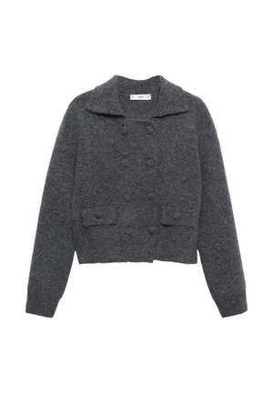 Cardigan grigio a maglia con colletto ripiegato, chiusura doppiopetto con cinque bottoni e due tasche frontali. Design cropped.