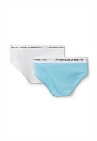 Two pairs of underwear, one white and one light blue, with a black elastic waistband featuring "UNITED COLORS OF BENETTON" logo.