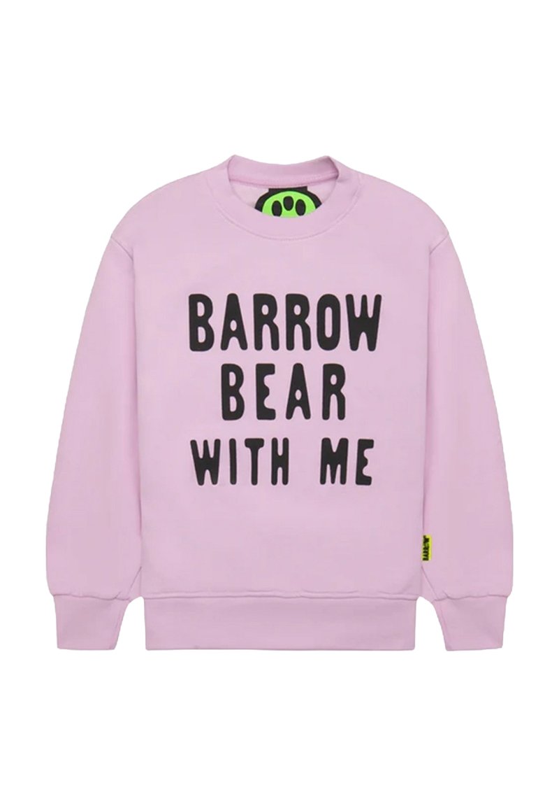 Felpa rosa chiaro con testo nero in grassetto "BARROW BEAR WITH ME." Realizzata in materiale morbido con polsini e orlo a costine, presenta un design casual.