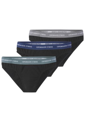 Three pairs of men's briefs in black, dark blue, and gray. Each features a soft, elastic waistband with “Copenhagen Studios” printed.