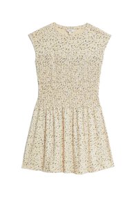 Kleid mit Blumenmuster in Hellgelb, mit gerafftem Oberteil, kurzen Kapussärmeln und einem ausgestellten Rock. Aus weichem, leichtem Stoff.
