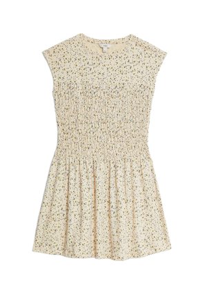 Lys gul kjole med blomstermønster, smocket bodice, korte ærmer og en frynsedragt. Blødt, let stof.