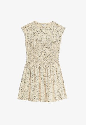 Kleid mit Blumenmuster in Hellgelb, mit gerafftem Oberteil, kurzen Kapussärmeln und einem ausgestellten Rock. Aus weichem, leichtem Stoff.