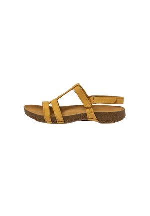 Gelbe Leder-Sandaletten mit drei horizontalen Riemen und einem hinteren Knöchelriemen. Korksohle mit strukturierter Oberfläche für Griffigkeit und Komfort.