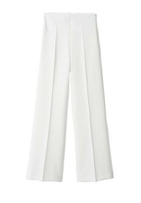 Pantalons larges blancs en tissu lisse, avec des plis à l'avant et une taille ajustée. Le matériau semble léger et fluide.