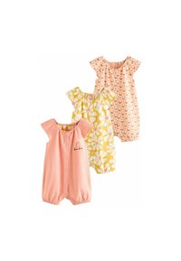 Tre baby rompers: lyserød med et regnbue design, gul med blomster mønster, og orange med geometrisk mønster, alle med korte ærmer og elastiske manchetter.