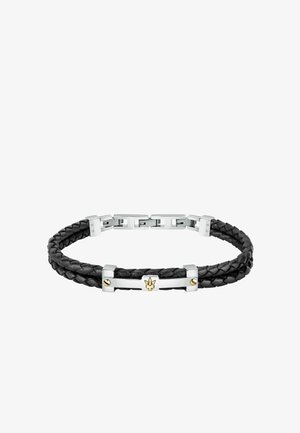 Bracelet en cuir tressé noir avec des accents en métal argenté et un emblème doré au centre, présentant un design épuré et un fermoir robuste.