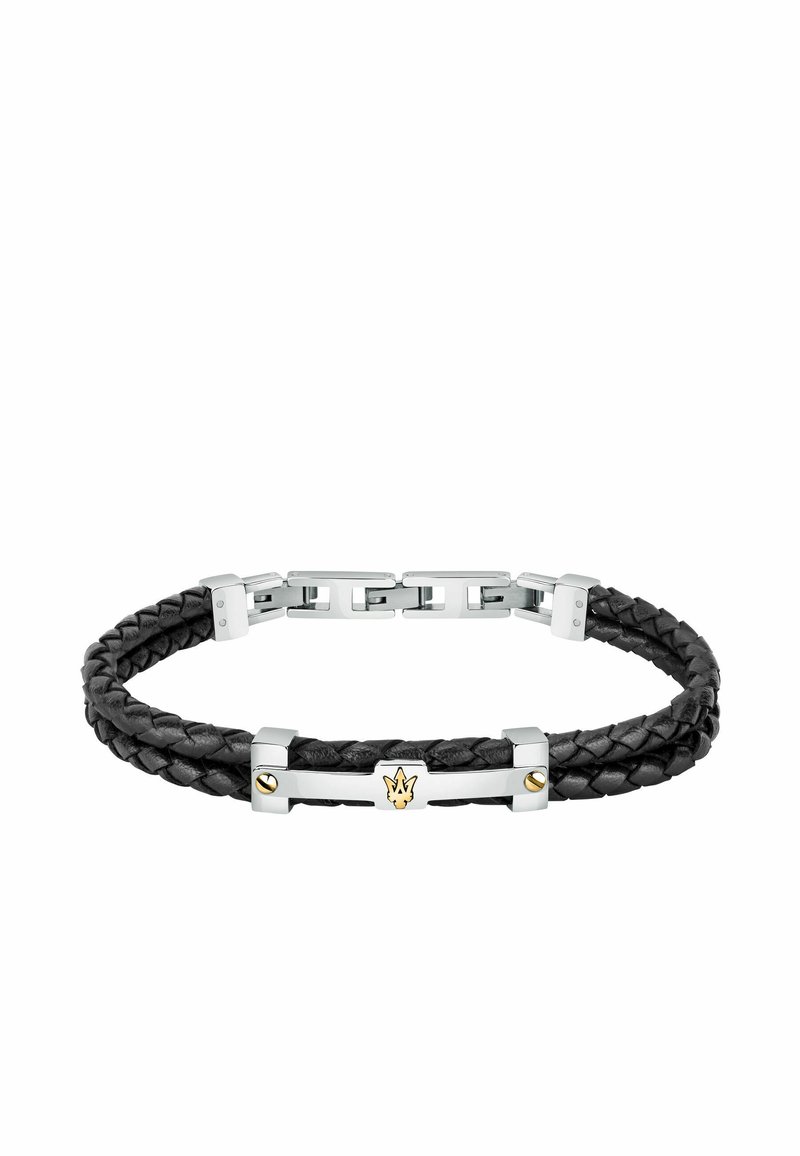 Bracciale in pelle intrecciata nera con accenti in metallo argentato e un emblema dorato al centro, che mette in mostra un design elegante e una chiusura robusta.