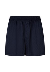 Shorts de bain bleu marine à taille élastique avec un motif texturé, dotés d'une poche latérale unique et d'un design décontracté.