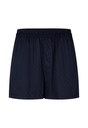 Shorts de bain bleu marine à taille élastique avec un motif texturé, dotés d'une poche latérale unique et d'un design décontracté.
