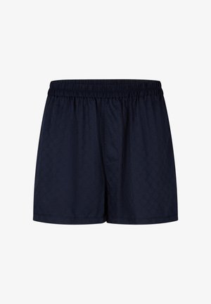 Shorts de bain bleu marine à taille élastique avec un motif texturé, dotés d'une poche latérale unique et d'un design décontracté.