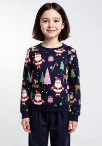 Felpa blu navy con stampa a tema natalizio raffigurante Babbo Natale, alberi, regali e renne. Collo e polsini a costine; tessuto morbido e testurizzato.