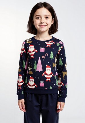 Navy sweatshirt featuring Christmas-themed print with Santa, trees, gifts, and reindeer. Ribbed crew neck and cuffs; soft, textured fabric.