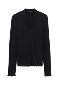 Svart långärmad topp med V-ringning, tillverkad av ribbat tyg. Har en kortad nederkant med fransade kanter för extra struktur och detalj.