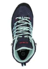 Scarpe da arrampicata blu navy con tomaia in rete e suede, lacci blu chiaro, punta in gomma e un occhiello argentato, dotate di un colletto imbottito.