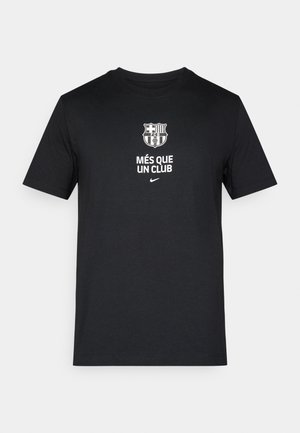 Black cotton t-shirt with short sleeves, featuring a Barcelona FC logo and text "MÉS QUE UN CLUB" in white. Nike logo below.
