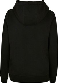 Sudadera con capucha negra de textura suave, con un bolsillo tipo canguro, puños acanalados y dobladillo. La parte trasera es lisa, sin ningún estampado ni marcas.