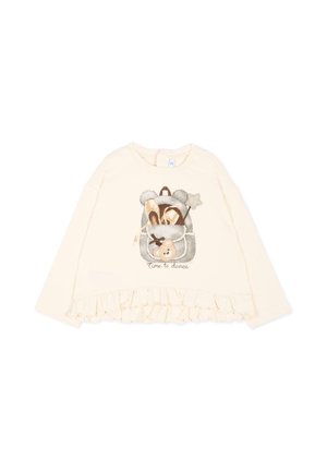 Crèmekleurig shirt met lange mouwen en ruches aan de zoom, met een konijnenrugzak, balletschoentjes, toverstaf, teddybeer en de tekst "Time to dance" op de voorkant.
