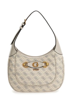 Sac à bandoulière en beige et gris avec un motif, orné de finitions en métal doré, mettant en avant un fermoir logo et une texture lisse.