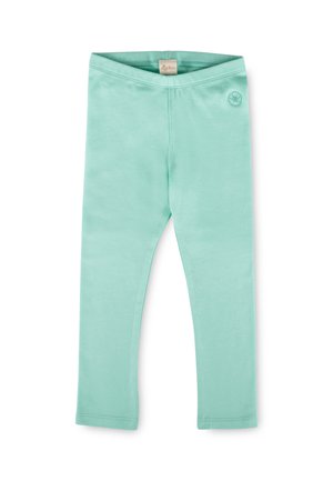 Hellgrüne Kinderleggings mit kleinem rundem Logo an der oberen linken Hüfte und elastischem Bund.