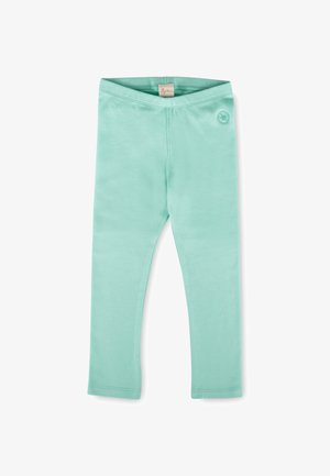 Hellgrüne Kinderleggings mit kleinem rundem Logo an der oberen linken Hüfte und elastischem Bund.