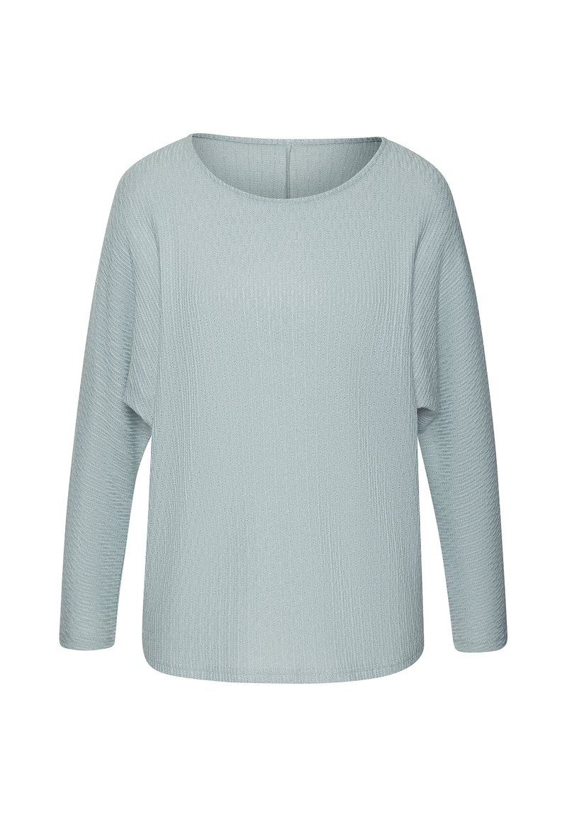 Helles blaues langärmliges Strickpullover mit strukturiertem Muster, rundem Ausschnitt und lässiger Passform, vor einem weißen Hintergrund gezeigt.