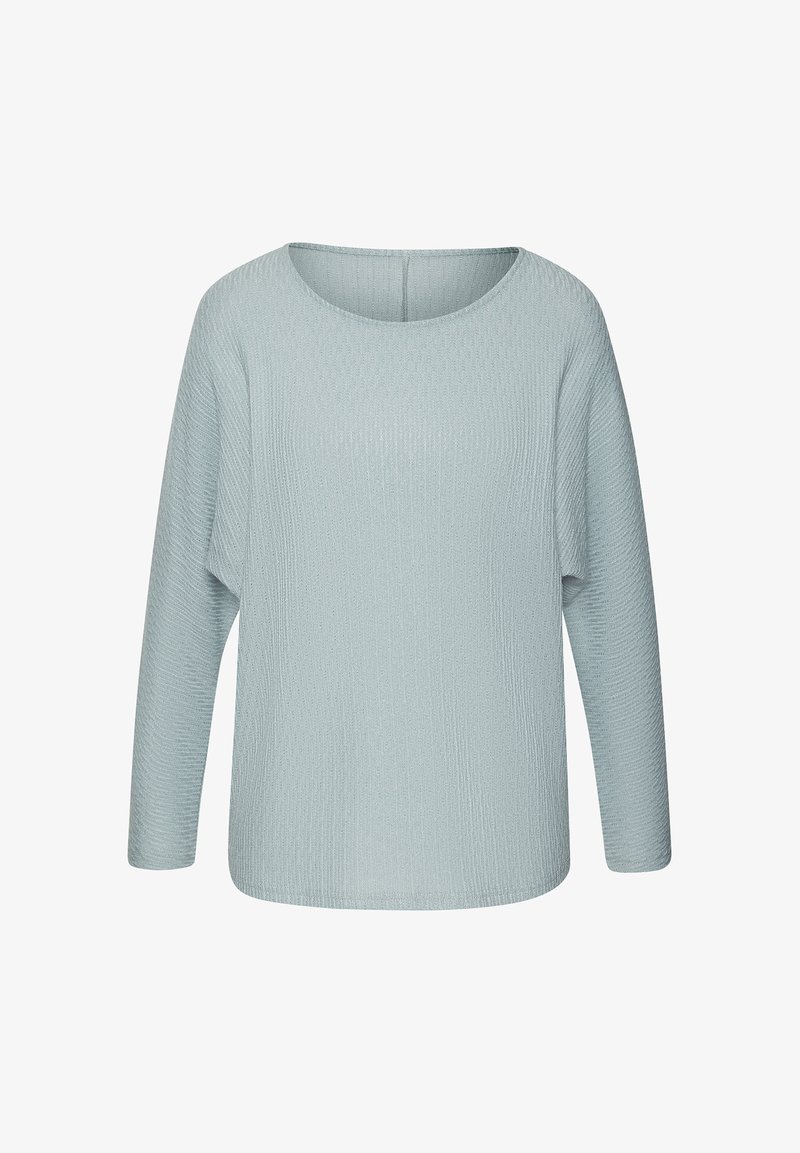 Helles blaues langärmliges Strickpullover mit strukturiertem Muster, rundem Ausschnitt und lässiger Passform, vor einem weißen Hintergrund gezeigt.