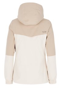 Veste à capuche beige et blanc cassé avec poignets élastiques, vue de dos, arborant le logo « PURE GREEN by protest » sur le côté supérieur droit.