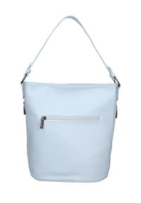 Lichtblauwe leren schoudertas met een gestructureerde afwerking, bovenste ritsafsluiting en een externe ritszak. Heeft een verstelbare schouderband.