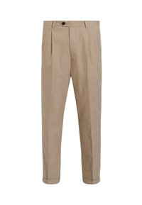 Pantaloni beige in cotone con vestibilità dritta, caratterizzati da pieghe frontali, chiusura a uno bottone e orli arrotolati.