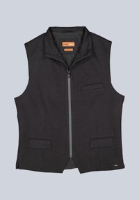 Schwarze ärmellose Weste mit hohem Kragen, vorderem Reißverschluss, zwei Vorderaschen, Kontrastnähten und schlanker Passform.