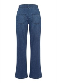 Denim pants with a relaxed fit, featuring an elastic waistband, two back pockets, and a straight, flared leg. The color is medium blue.