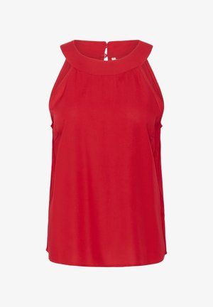 Červený bezrukávový top s kulatým výstřihem a detaily ve tvaru klíčové dírky na zadní straně. Má rovný lem a hladkou strukturu. Lehká tkanina.